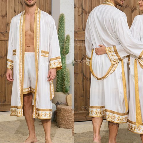 Bild von Herren Satin-Morgenmantel im Barock-Stil – Eleganter Kimono mit luxuriösem Druck für Hochzeit, Bad und Zuhause