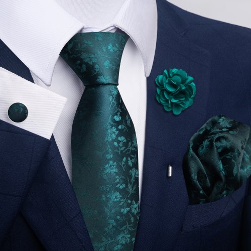 Immagine di Set di Accessori da Uomo di Lusso con Cravatta Tascabile Verde Floreale, Gemelli Quadrati e Spilla – Regalo Elegante per Compleanni