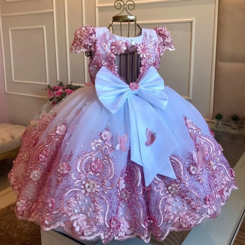 Imagen de Vestido de cumpleaños de lujo para niña, Vestido largo de encaje con perlas, apliques infantiles, Princesa, flores, baile de graduación, navidad