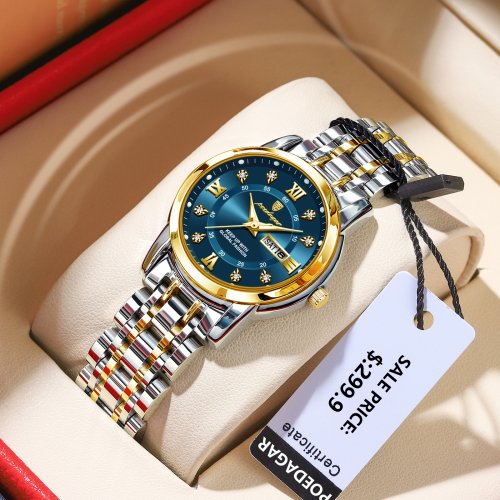 Immagine di Orologio da Polso Donna di Lusso Impermeabile con Display Luminoso, Data e Giorno della Settimana, Movimento al Quarzo Elegante in Acciaio Inossidabile