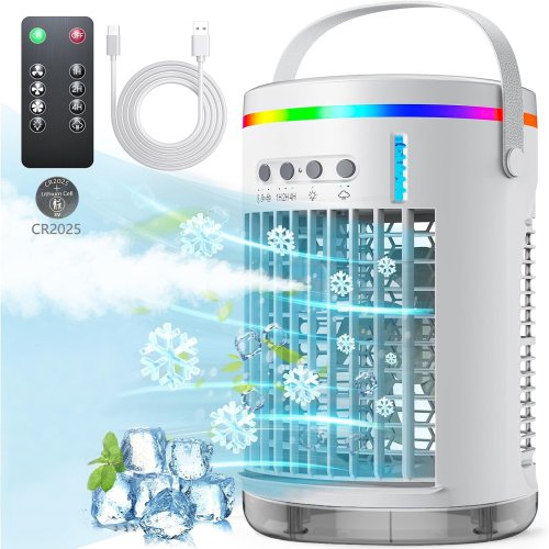 Zdjęcie Przenośny Klimatyzator z Wentylatorem Chłodzącym – 1400 ml, 3 Prędkości, Światło LED w 7 Kolorach, Zasilany USB – Idealny do Pokoju, Biura i Biurka