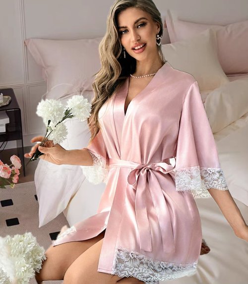 Imagen de 2025 nuevo vestido elegante de satén para mujer, Kimono con ribete de encaje, ropa de dormir corta, ...