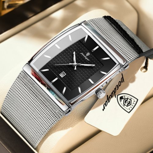 Afbeelding van POEDAGAR Top Luxe Heren Horloge Roestvrij Stalen Gaas Datum Waterdicht Lichtgevende Man Horloge Casual Rechthoek Quartz Heren Horloges