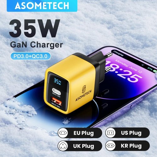 Afbeelding van Asometech 35W GAN Oplader met LED Display, QC 3.0, PD PPS Snel Opladen via USB Type-C voor iPhone 14 Pro, Samsung Galaxy S23 en Xiaomi