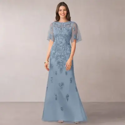 Image de Robe Bleue Maman de la Mariée - Longueur au Sol & Appliques en Tulle