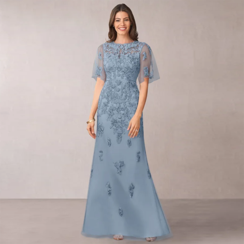 Image of Elegant Blue Floor-Length Mother of the Bride Gown with Tulle Applique and Short Sleeves – Customizable Formal Wedding Evening Dress