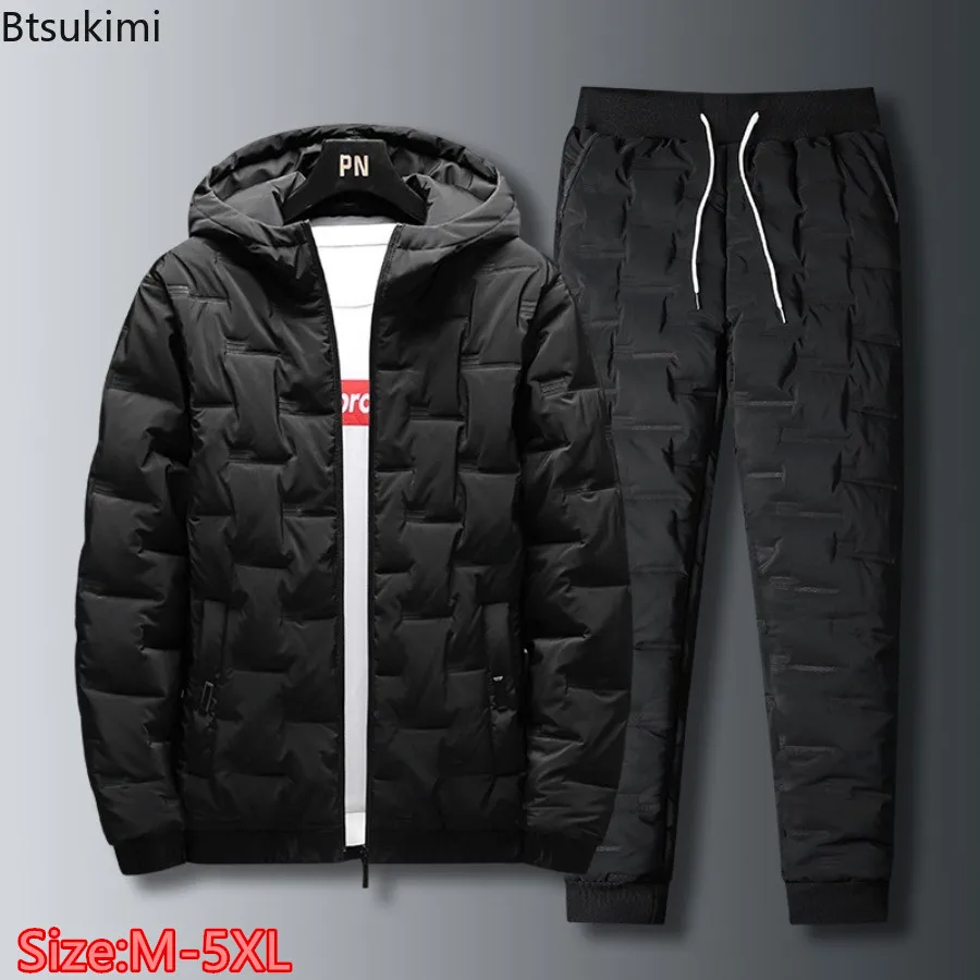 Imagen de Conjunto de 2 Piezas para Hombre: Chaqueta Acolchada con Capucha y Pantalones Deportivos Informales en Algodón Grueso
