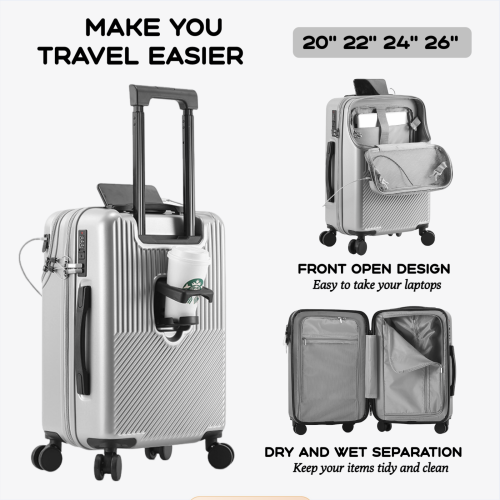 Image of 2024 Premium Durable Luggage Set with Front-Opening Design, TSA Lock, USB Charging Port, Silent Spinner Wheels – Lightweight Carry-On Suitcases for Men (20, 22, 24, 26 Inch)