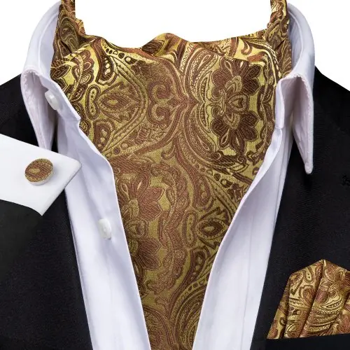 Image de Ensemble Cravate Ascot Homme - Or Jaune & Rayures Florales