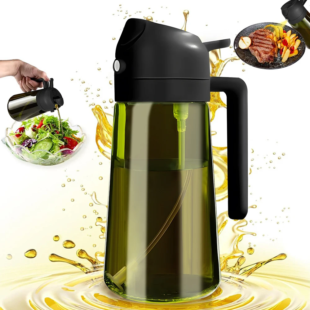 Afbeelding van Donkergroene glazen olijfolie fles met lichtblokkerende spuit - 470 ml, 2-in-1 dispenser voor keuken en koken