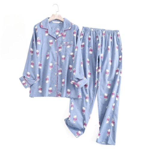 Image of Cozy Cotton Flannel Pajama Set for Women – Soft Printed Long Sleeve Top and Loose Fit Pants for Autumn & Winter Home Wear