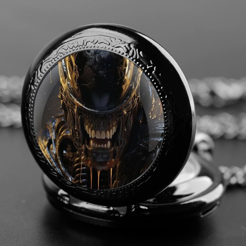 Image of Alien Xenomorph Design Glass Dome Quartz Pocket Watch with Chain – Vintage Men's and Women's Necklace Pendant Clock – Perfect Gift for Kids and Sci-Fi Fans