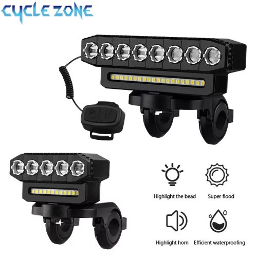 Imagen de Luz delantera de bicicleta LED recargable por USB con bocina integrada, 130 dB, 6 modos de iluminación, fácil instalación y luz de timbre para mayor seguridad en la ruta