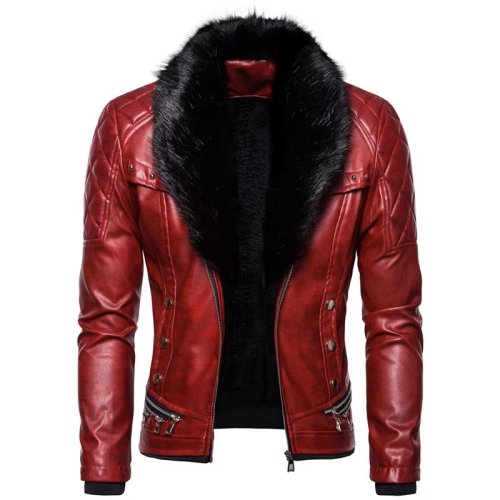 Image of New Winter Fleece Motorcycle Leather Jacket Men Turn Down Fur Collar Slim Fit Warm PU Bomber Jackets Coats Mens Moto Biker Coat