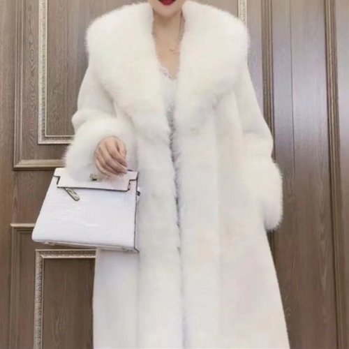 Imagen de Abrigo largo de piel sintética para mujer, cálido y elegante con cuello vuelto y diseño abierto, ideal para otoño e invierno
