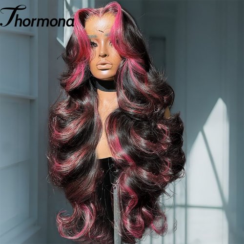 Image of Pink Highlight Colored Lace Front Wig with Synthetic Glueless Loose Wave Pre-Plucked 13x4 HD Transparent Lace Frontal for Women