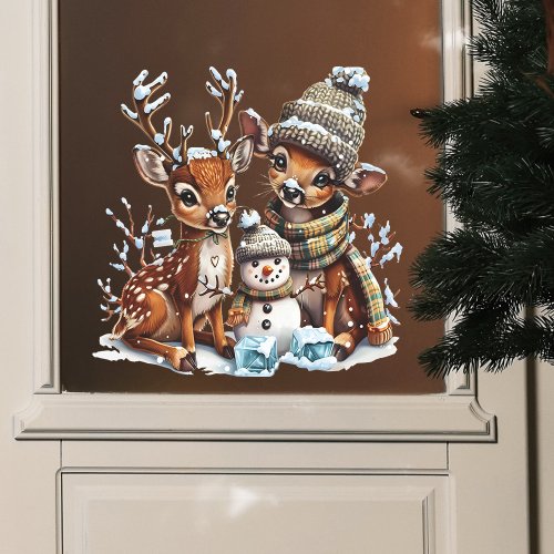 Image of Festive Christmas Elk and Snowman Wall Sticker Set – Self-Adhesive Holiday Window Decals for Home, Living Room, and Front Door Decor