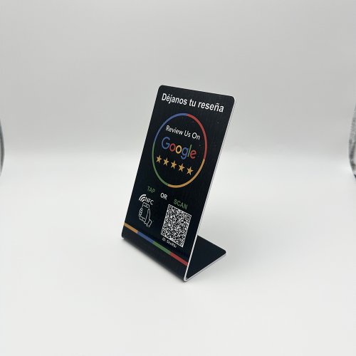 Zdjęcie Szyld stojący z kodem QR i NFC, recenzje Google, NFC215, stojak na recenzje, klikanie do URL, nieograniczona modyfikacja i edycja kodów QR