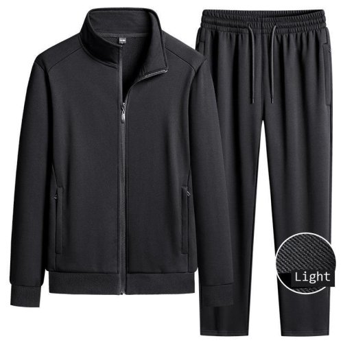 Image of Men's Pure Cotton Stand Collar Sport Suit Set – Lightweight Casual Workout Two-Piece Sweatshirt and Pants Outfit for Spring and Autumn