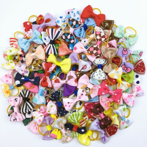 Image of 100-Piece Dog Hair Accessories Set with Colorful Elastic Rubber Bands, Cute Ribbon Bows & Clips for Yorkshire Terriers and Small Dogs