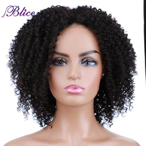 Image of Natural-Looking Afro Kinky Curly Middle Part Closure Wig with Mixed Synthetic Hair, 16 Inch Black Color for Women