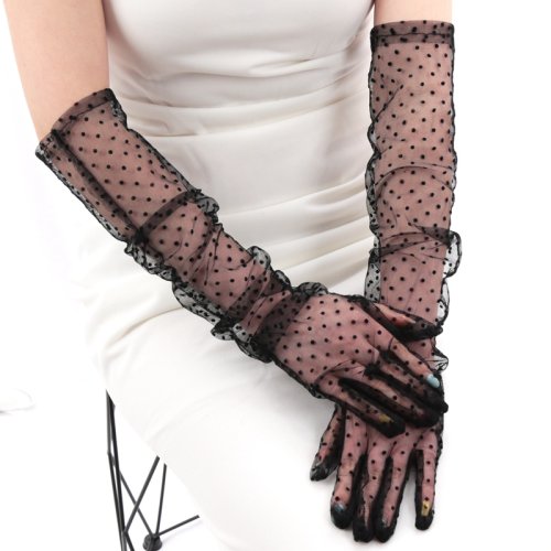 Imagen de Guantes largos de encaje negro para mujer, manoplas elegantes con diseño de gasa y puntos ondulados, protección solar transpirable, ideal para bodas y eventos formales