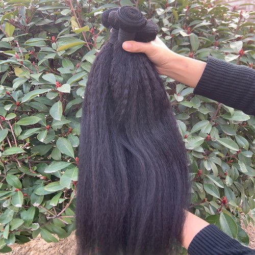Immagine di Fasci di capelli umani lisci crespi Fasci di tessuto Yaki grossolano Estensioni dei capelli umani grezzi brasiliani al 100% Vendita per le donne Doppia trama