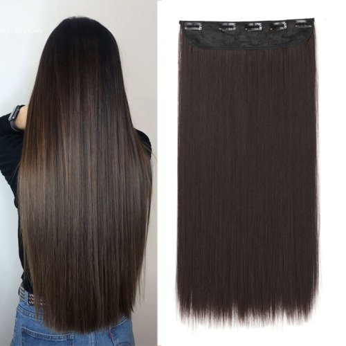 Bild von 60 cm Synthetische Lange Gerade Clip-In Haarverlängerung mit 5 Clips – Braun/Schwarz, Hitzebeständig, Kunsthaar für Frauen