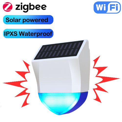 Afbeelding van Tuya Smart Zigbee WiFi Sirene Alarm Waterdicht Buiten met Zonne-energie en USB Voeding, Optionele 95dB Afstandsbediening
