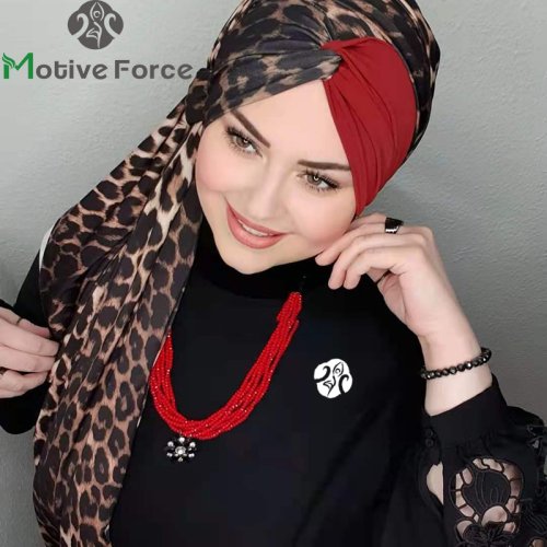 Zdjęcie Islam szalik hidżab Leopard szwy abaya modal femme musulman chusta na szyję femme hidżaby dla kobiet jersey bonnet turban damski szalik