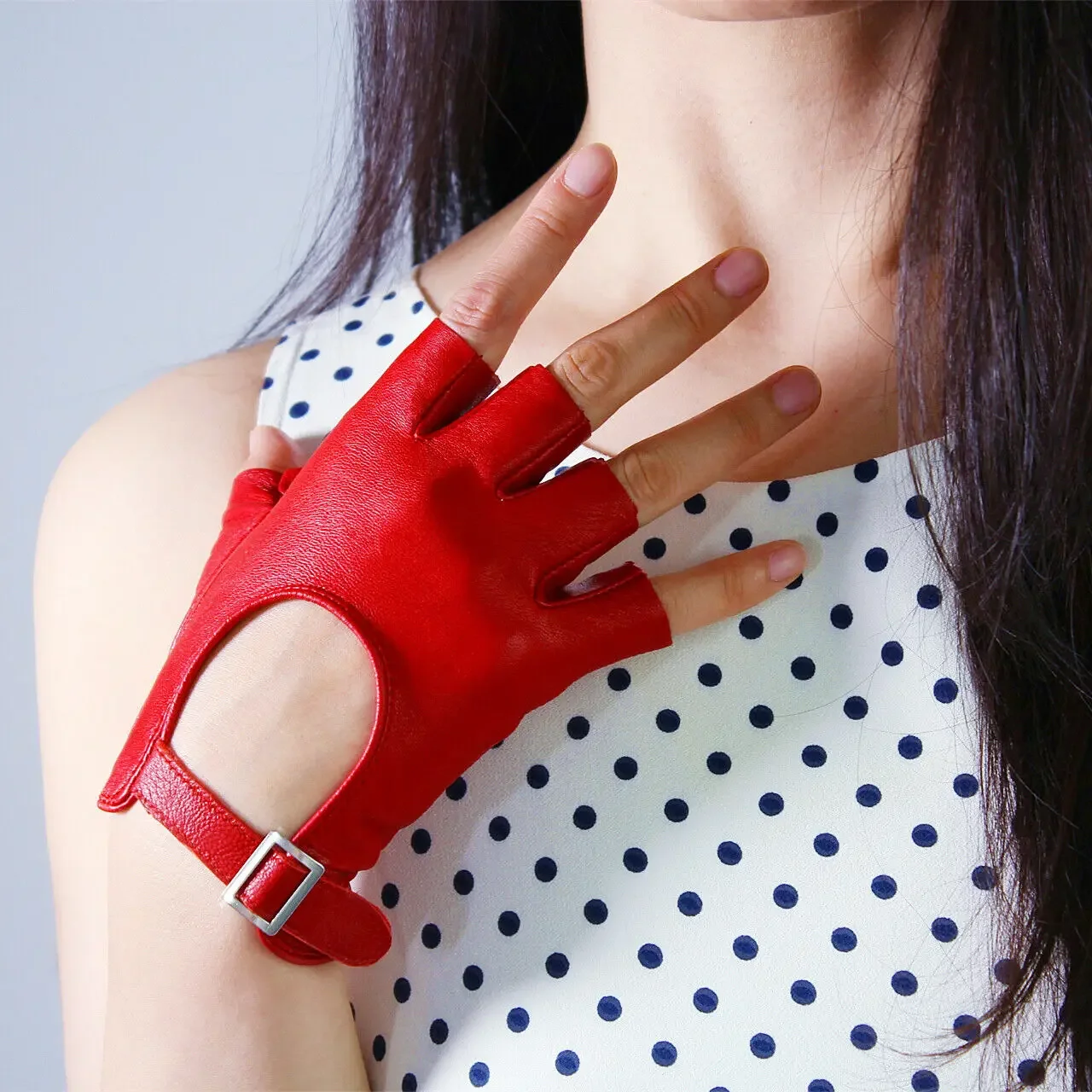 Image of Premium Leather Fingerless Gloves with Square Buckle – Stylish Half-Finger Design for Stage Performances, Driving, Workout, Fitness, and Cosplay