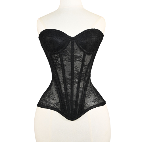 Afbeelding van Elegant en sexy dames corset met bovenborst cups, bloemenprint en kant, transparante strapless crop top met lace-up detail en stalen uitgebeend design