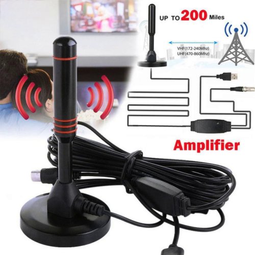 Zdjęcie Wzmacniana antena telewizyjna wewnętrzna i zewnętrzna HD 5000 mV – cyfrowa antena DVB-T2 z podstawą magnetyczną dla TV VHF/UHF
