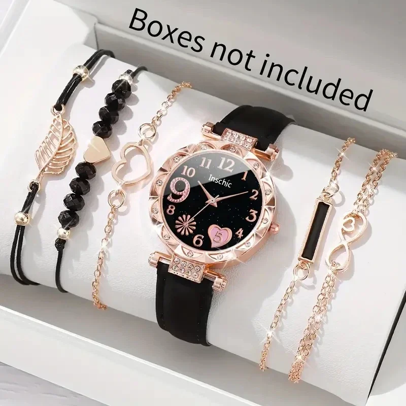 Immagine di Set di 6 Orologi da Donna con Quadrante a Cuore, Orologio al Quarzo Analogico con Strass Lucido, Regalo Romantico per Mamma e Donne Amanti della Moda