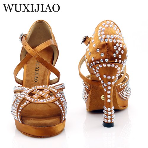 Image of Women's Waterproof Satin Latin Dance Shoes with Rhinestones - Elegant Bronze Platform Salsa and Ballroom Dance Footwear