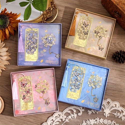 Immagine di Set di 2 Segnalibri in Metallo con Farfalla a Forma di Fiore Cavo – Eleganti Segnalibri con Nappe per Amanti dei Libri, Studenti e Insegnanti