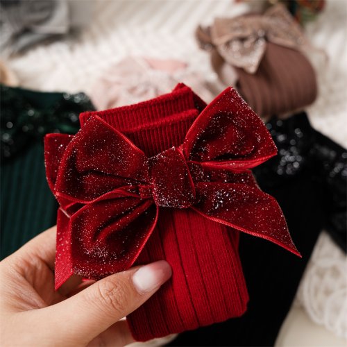 Imagen de Calcetines hasta la rodilla para niñas y niños, diseño navideño con lazo grande, suaves y brillantes, de algodón rojo, ideal para otoño e invierno, tallas 0 a 8 años