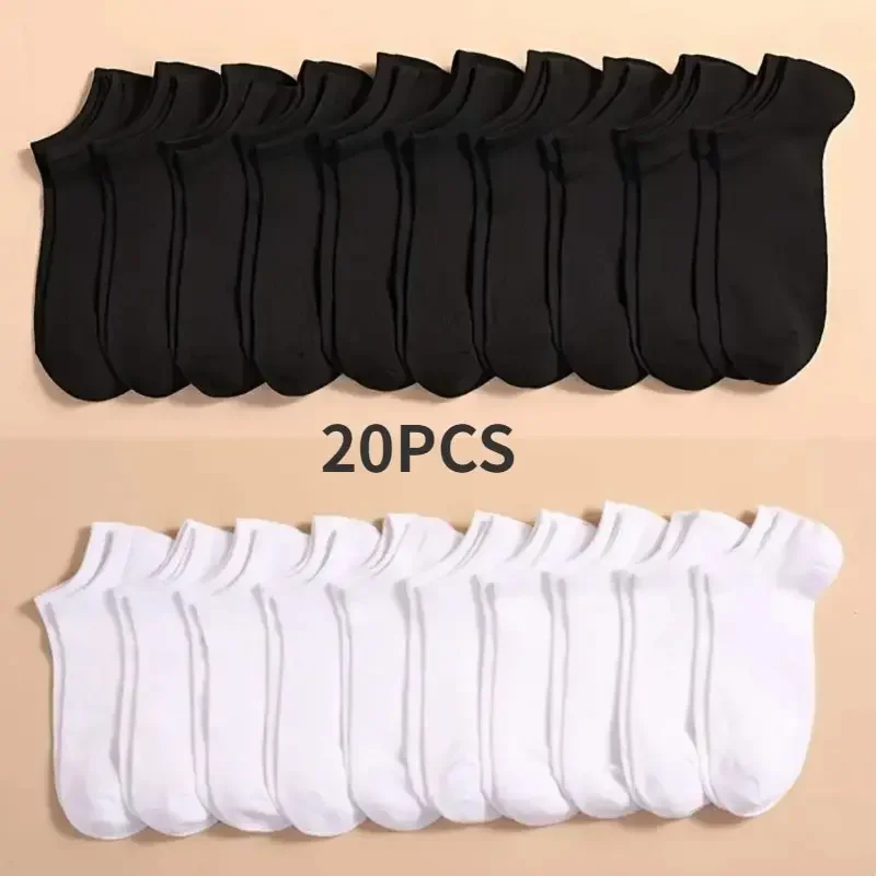 Image of 10 Pairs Men's Breathable Cotton Ankle Socks – Solid Color Boat Socks for Sports & Everyday Wear in White and Black