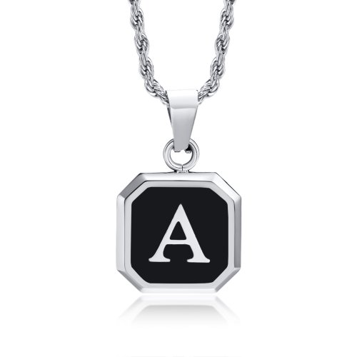 Imagen de Collares con iniciales para hombres y mujeres, Collar con colgante cuadrado negro de acero inoxidabl...