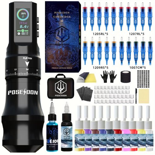 Bild von Professionelles Tattoo-Set Poseidon – Hochwertiges Tattoo-Stift-Kit für Permanent Make-up und Body Art mit moderner Tattoo-Maschine und stabilem Netzteil