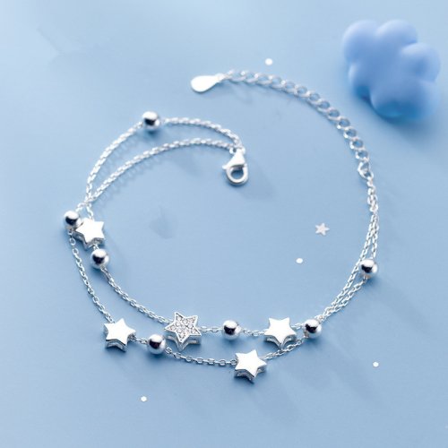 Imagen de Pulsera de Estrella en Plata de Ley 925 con Cristales y Diseño Coreano de Estrellas de Cinco Puntas - Joyería Fina para Mujer