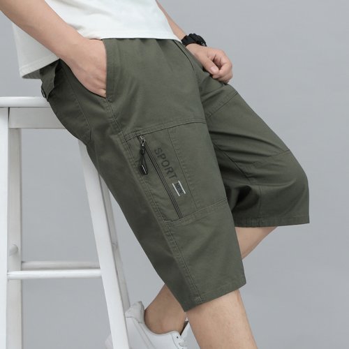 Image of Mens Cargo Shorts Knee Pants Zipper Pocket Summer Cotton Shorts Climbing Jogger Elastic Waist Sports Wear