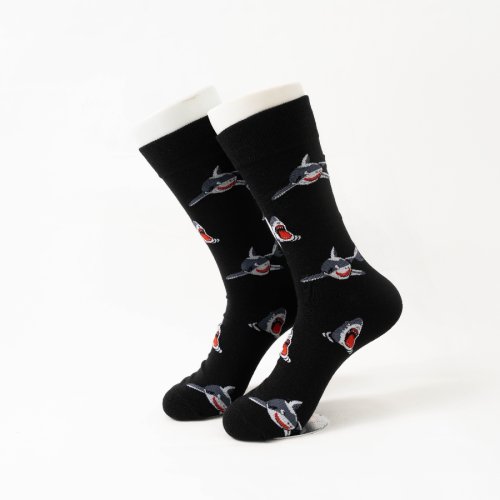 Imagen de Calcetines de algodón con diseño de tiburón negro para hombre, medias de tubo medio, calentitos y cómodos para otoño e invierno