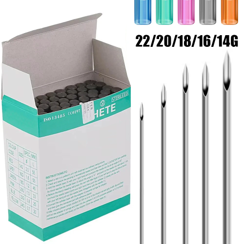 Imagen de Agujas de Perforación Estériles y Desechables para Piercing Corporal - 100, 50 o 10 Unidades en Tamaños 14G, 16G, 18G, 20G, 22G para Oreja, Nariz, Lengua y Vientre
