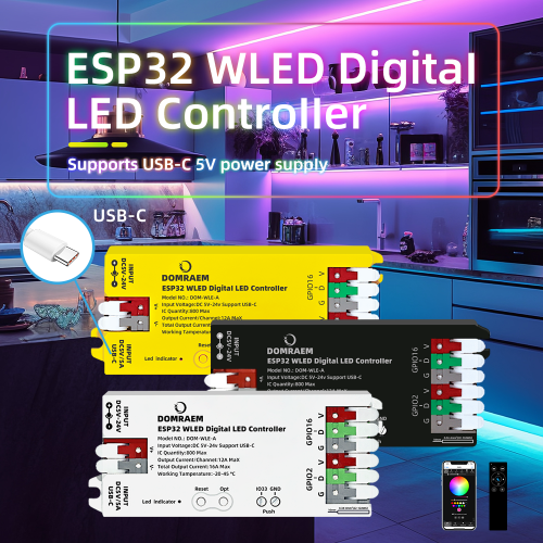 Contrôleur LED RGB ESP32 USB-C WLED - 16A, WiFi, MQTT, Alexa