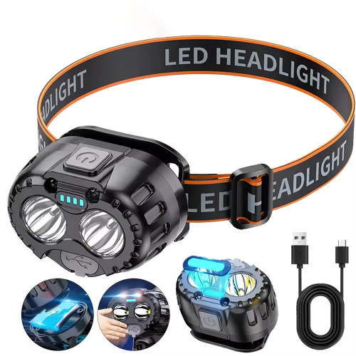 Immagine di Torcia Frontale LED Ricaricabile USB con Sensore di Movimento, 250 Lumen XPE, Ideale per Pesca all'Aperto, Campeggio e Attività Outdoor
