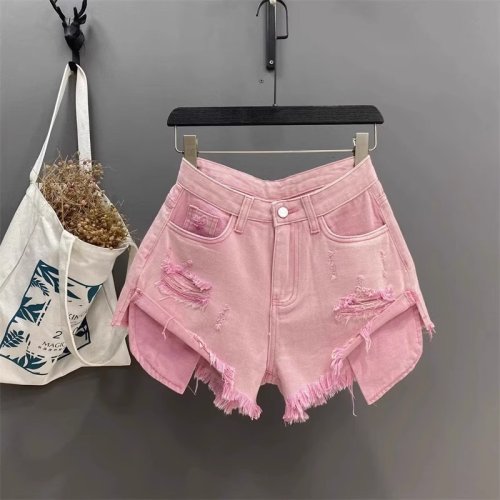 Imagen de Pantalones vaqueros rasgados sexis azules Vintage coreanos para mujer Patchwork A-line pantalones cortos de mezclilla de cintura alta Ultra