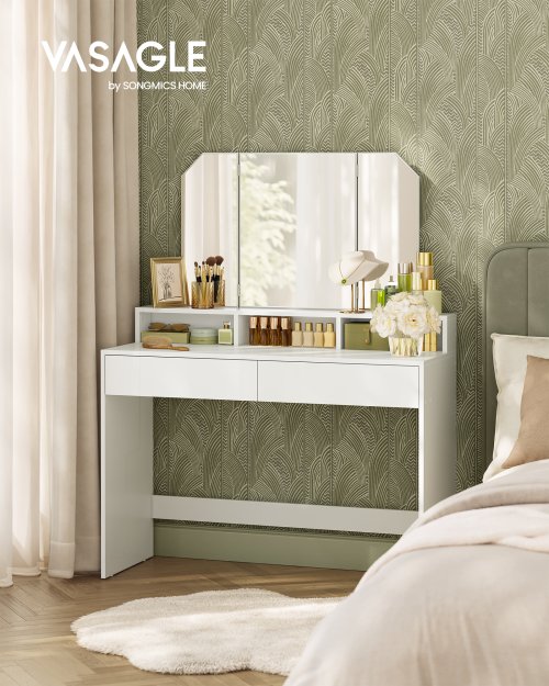 Image of VASAGLE Dressing Table with Large Rectangular Mirror, Vanity Table with 2 Drawers and 3 Open Compartments, Vanity Table, Modern