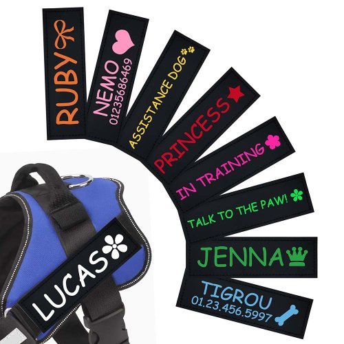 Bild von Personalisierte Hundename-Schilder mit buntem Muster – Benutzerdefinierte ID-Tags für Hunde, Brustgurt, Weste und Halsband, einfach abnehmbar