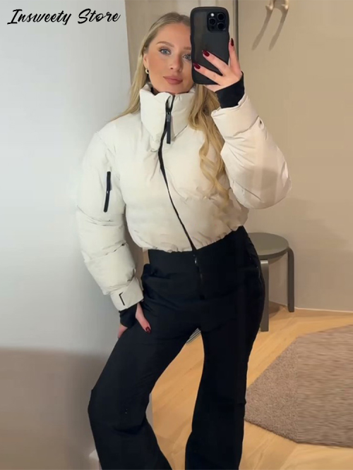 Imagen de Mono de esquí de cuello alto a la moda para mujer, mono térmico de manga larga a prueba de viento con cremalleras, traje de nieve todo en uno para Otoño e Invierno 2025